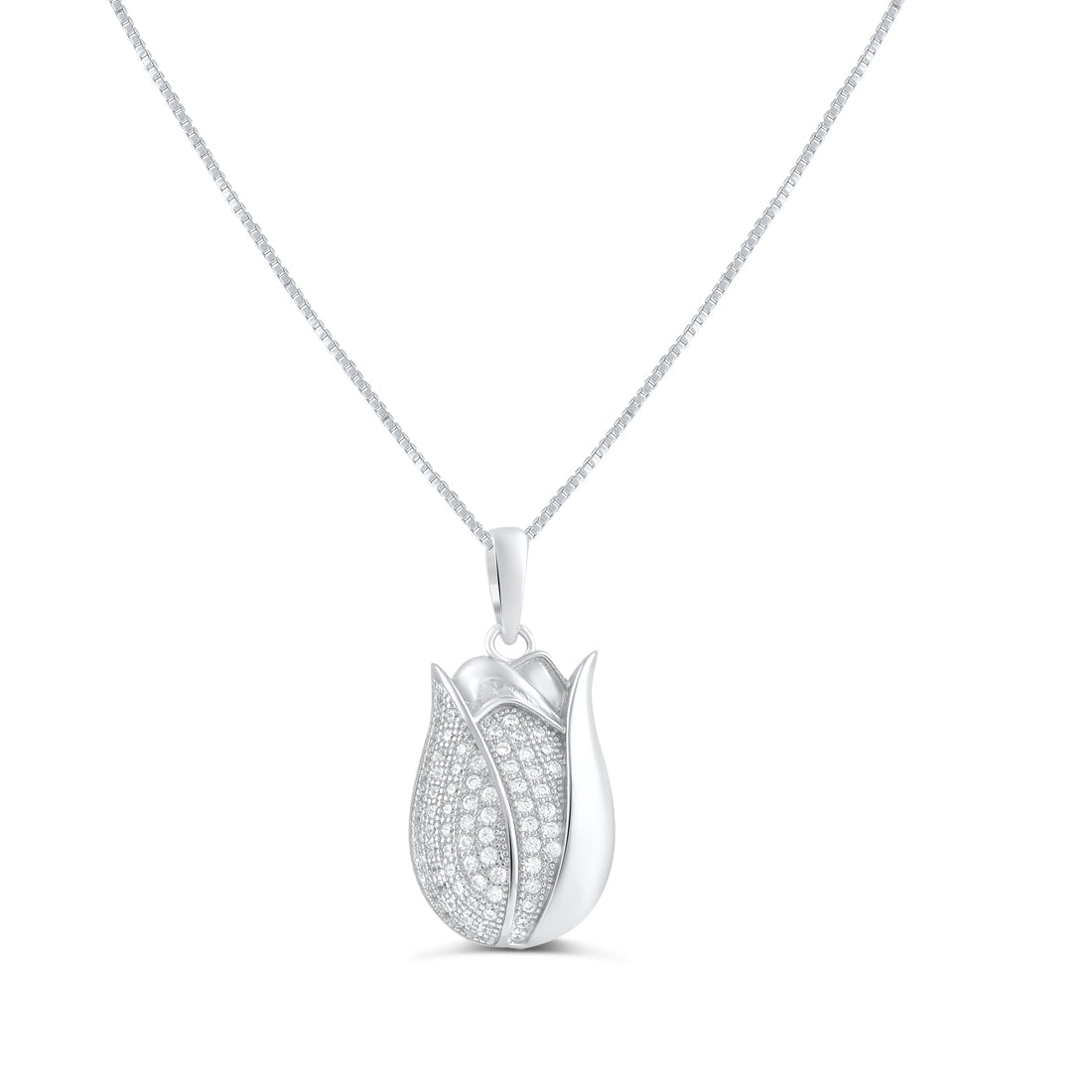 Sterling Silver CZ Tulip Flower Necklace, 18" | SilverCloseOut