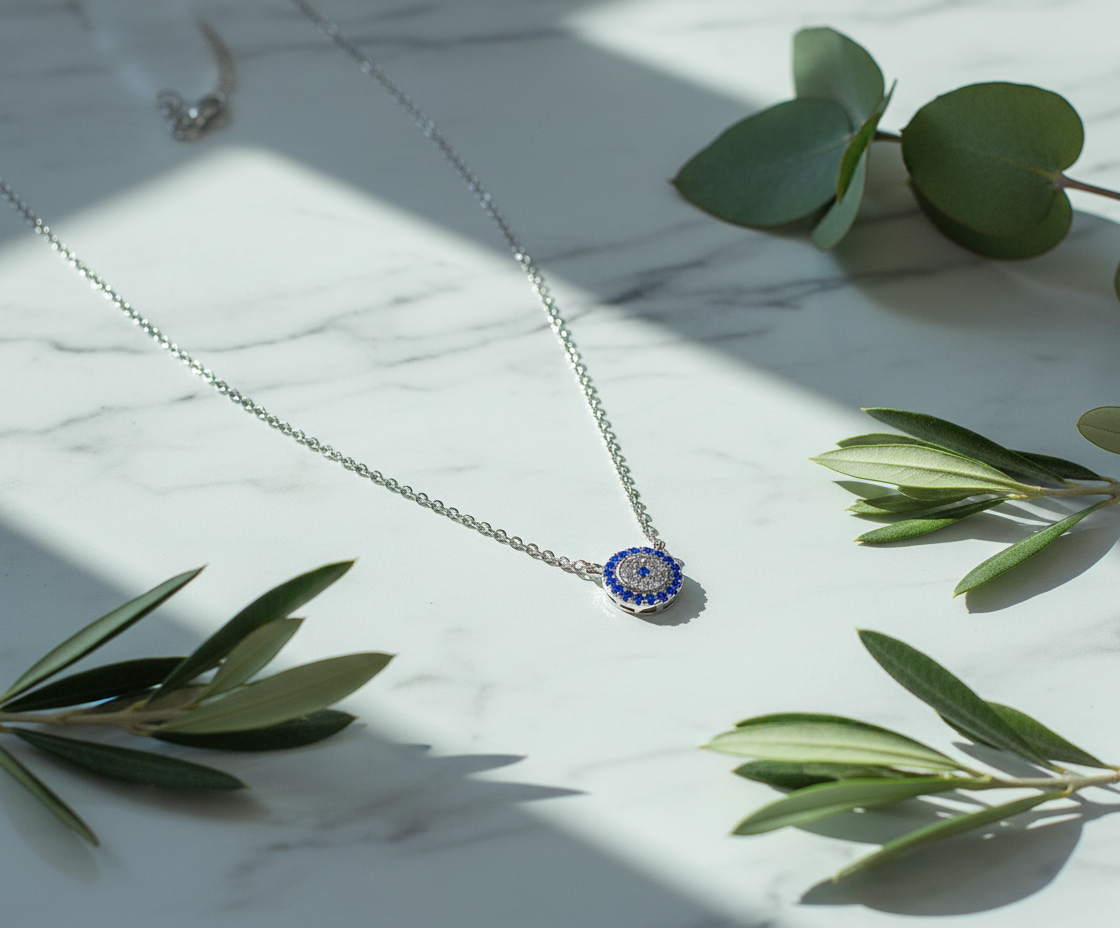 White Gold Vermeil Sterling Silver Womens Dainty Cz Blue Evil Eye Necklace - Evil Eye jewelry