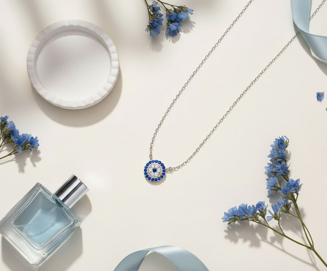 White Gold Vermeil Sterling Silver Womens Dainty Cz Blue Evil Eye Necklace - Evil Eye jewelry