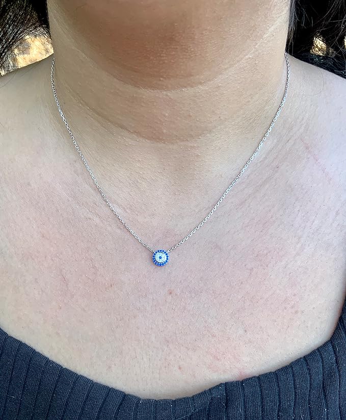 White Gold Vermeil Sterling Silver Womens Dainty Cz Blue Evil Eye Necklace - Evil Eye jewelry