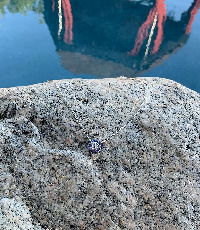 White Gold Vermeil Sterling Silver Womens Dainty Cz Blue Evil Eye Necklace - Evil Eye jewelry