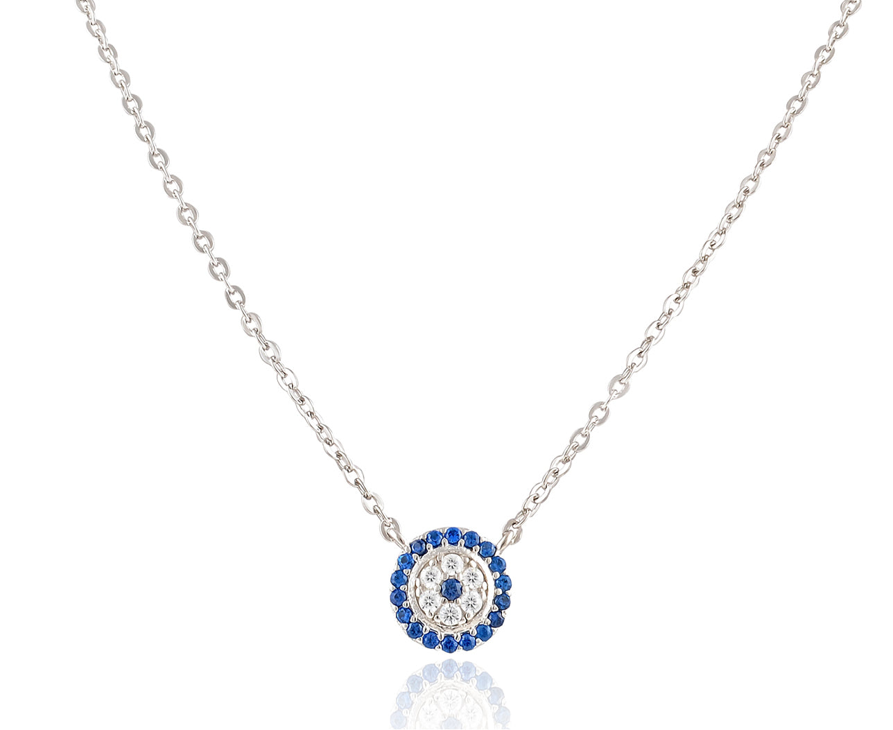 White Gold Vermeil Sterling Silver Women's Dainty CZ Blue Evil Eye Necklace - Evil Eye jewelry