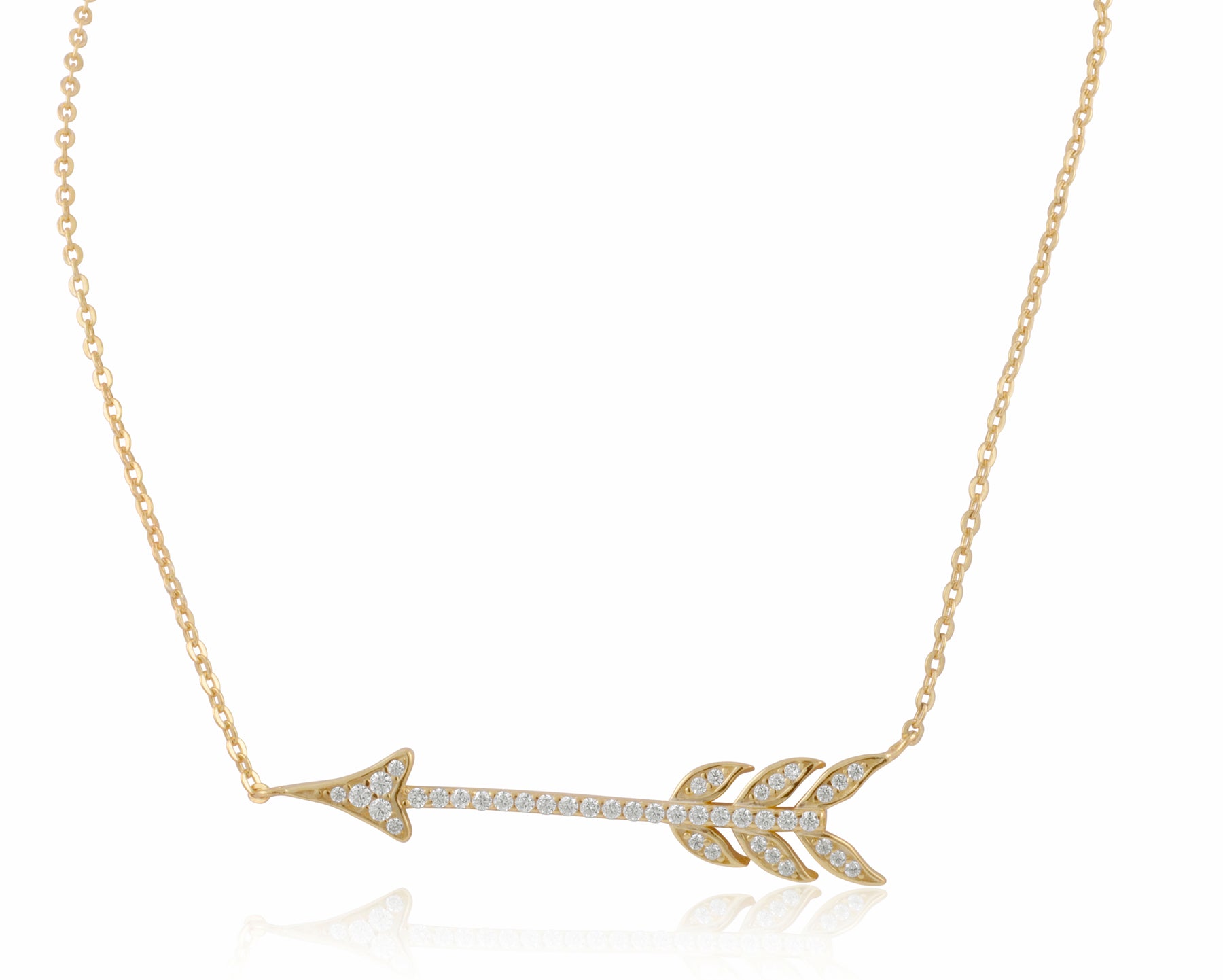 Yellow Gold Tone Sterling Silver CZ Sideways Arrow Necklace, 18"