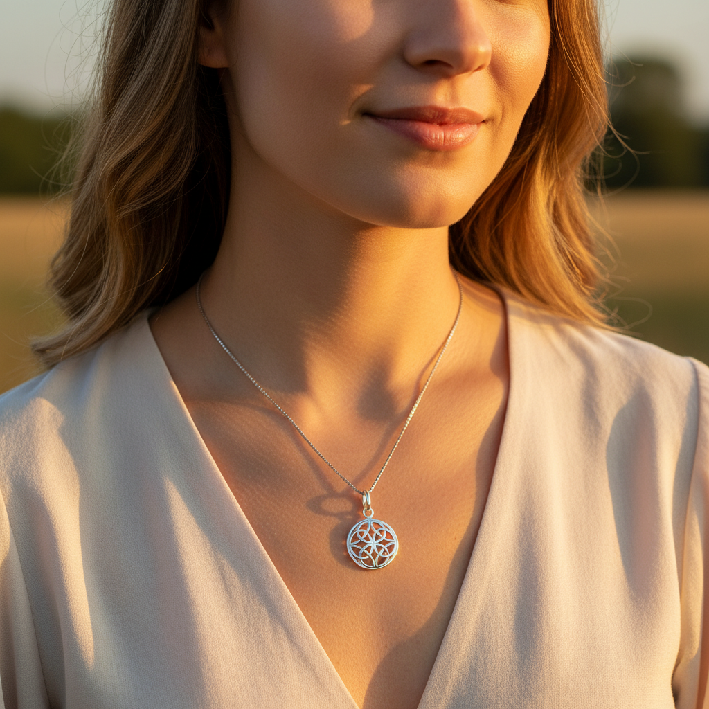 Sterling Silver Ladies Irish Celtic Four Knot Charm Necklace - 13mm