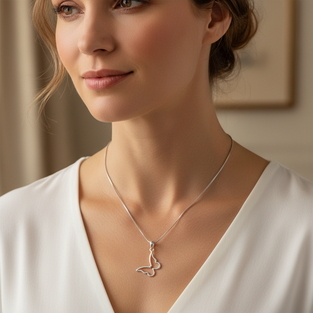 Sterling Silver Ladies Dainty Hollow Butterfly Charm Necklace