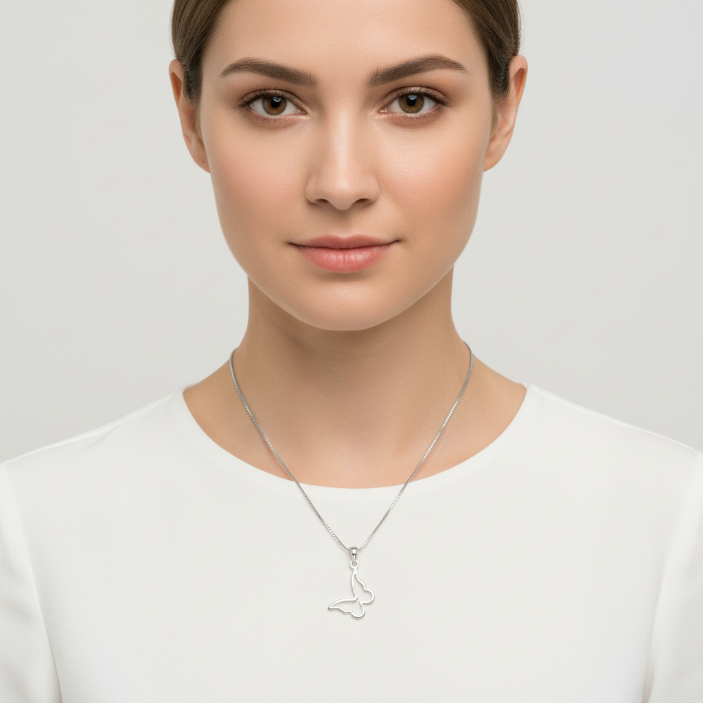 Sterling Silver Ladies Dainty Hollow Butterfly Charm Necklace