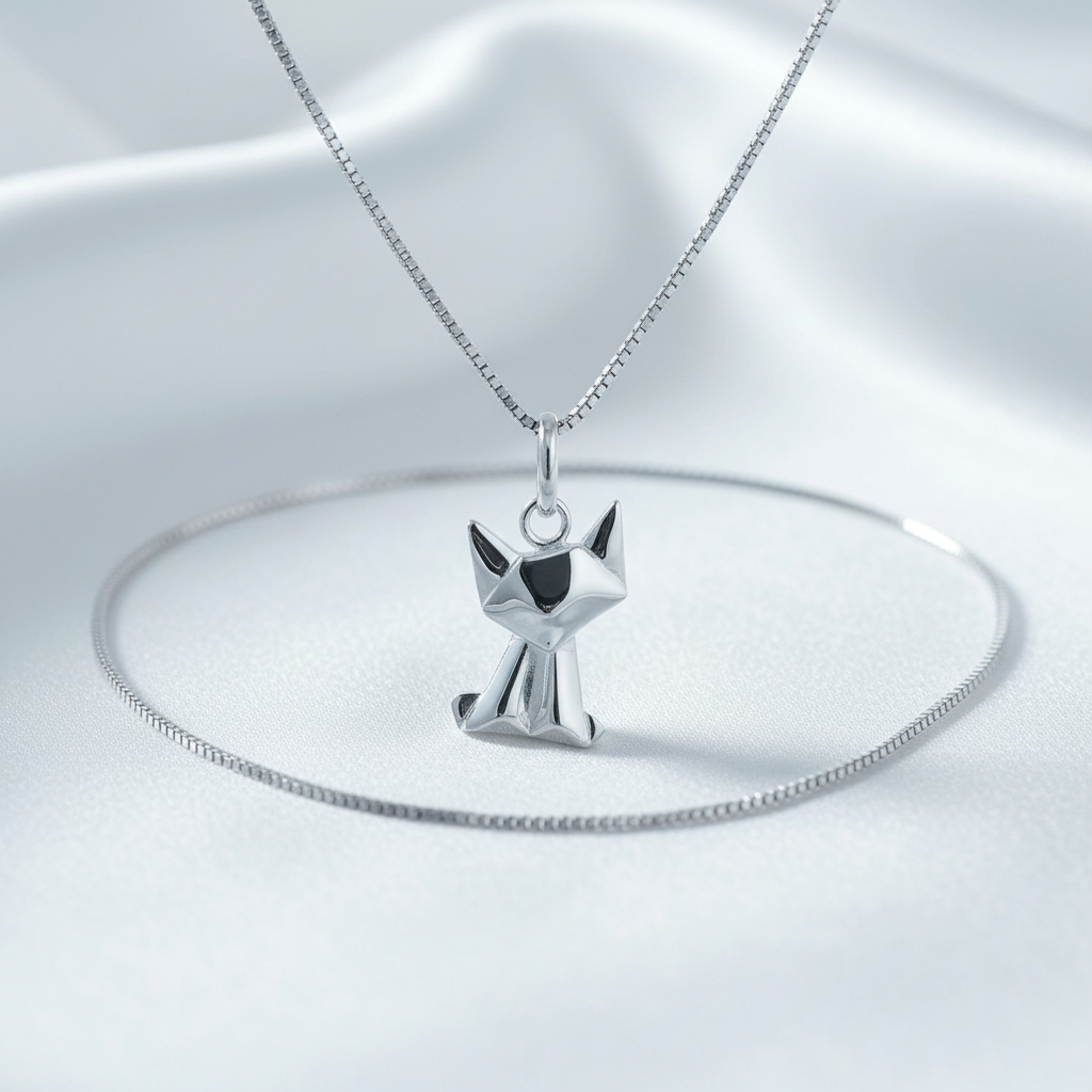 Sterling Silver Girls Dainty Origami kitty Cat Necklace