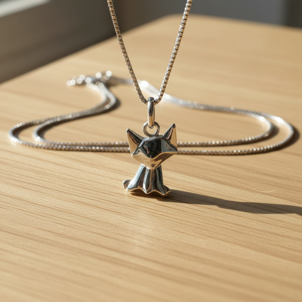 Sterling Silver Girls Dainty Origami kitty Cat Necklace