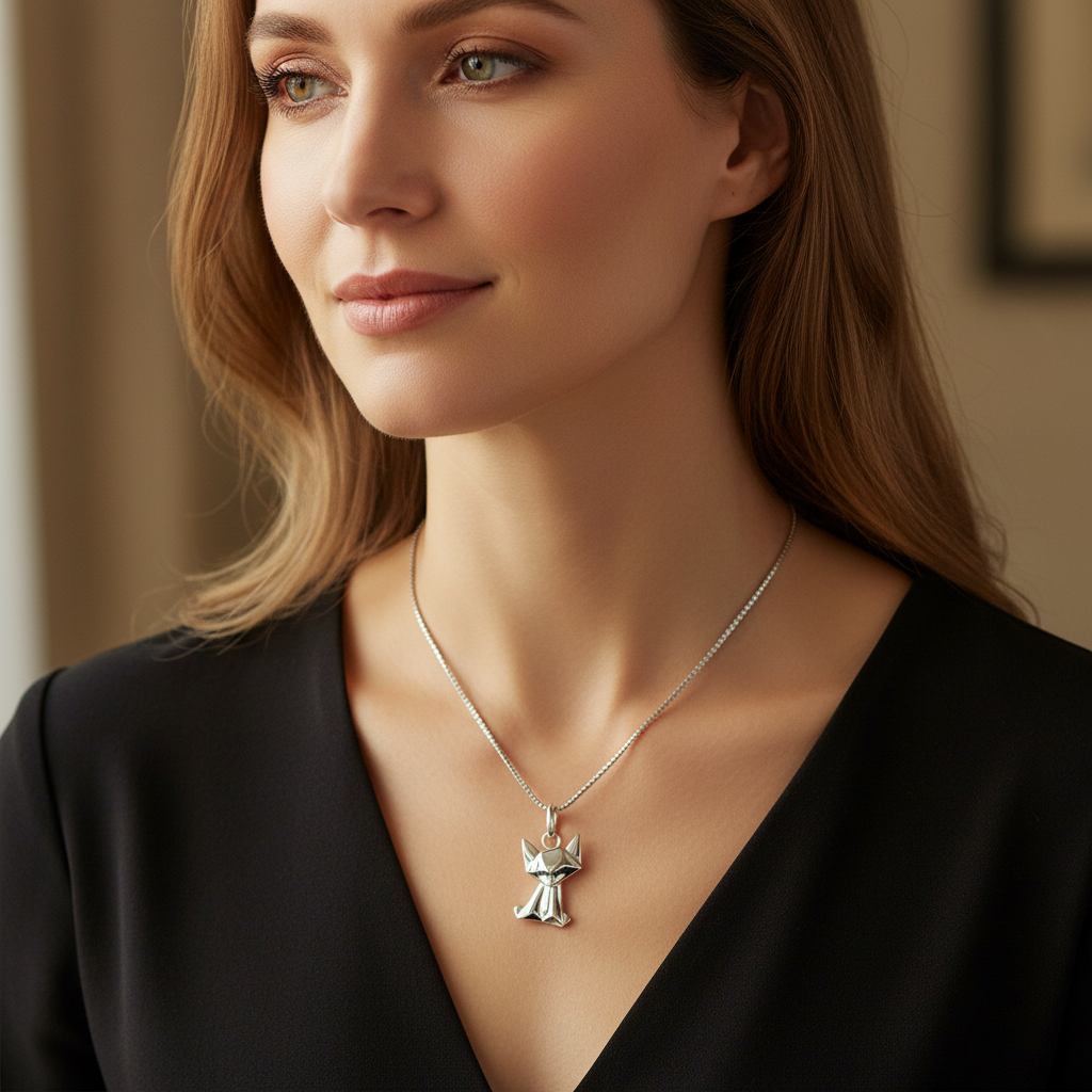Sterling Silver Girls Dainty Origami kitty Cat Necklace