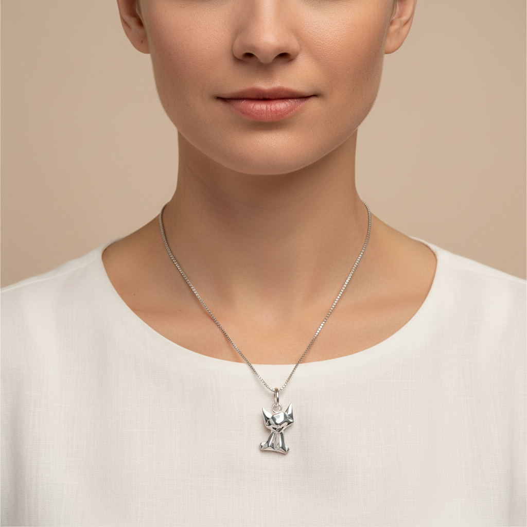 Sterling Silver Girls Dainty Origami kitty Cat Necklace