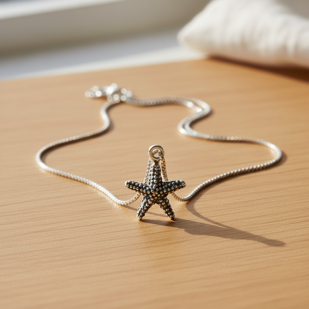Sterling Silver Womens Dainty Nautical Starfish Charm Necklace