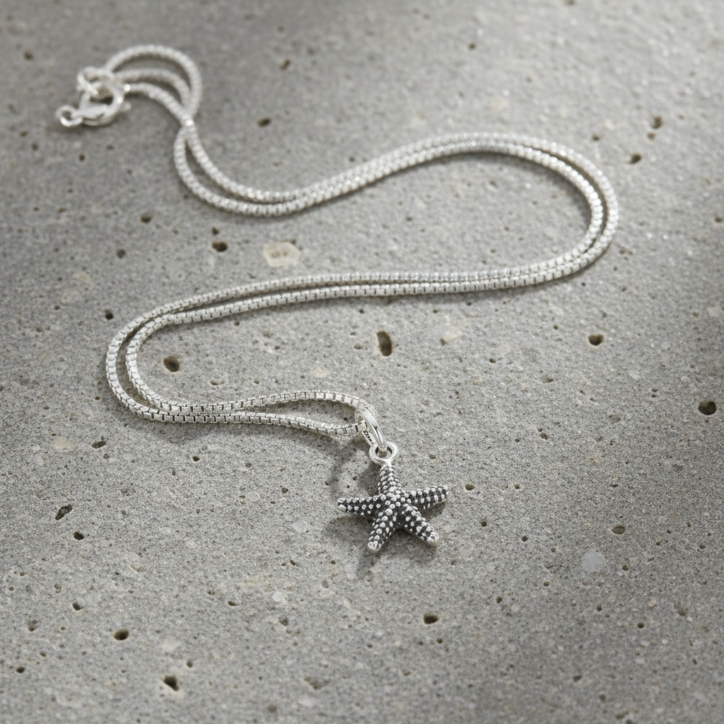 Sterling Silver Womens Dainty Nautical Starfish Charm Necklace