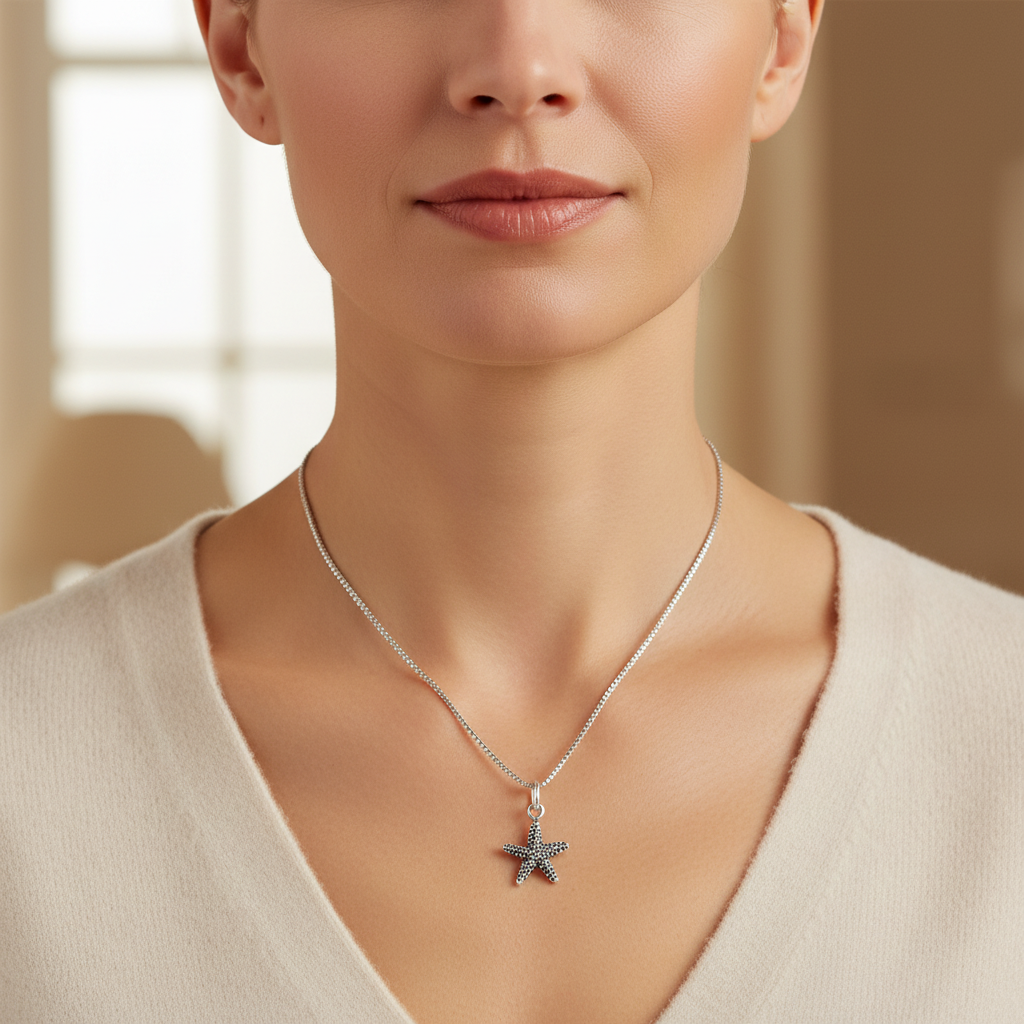 Sterling Silver Womens Dainty Nautical Starfish Charm Necklace