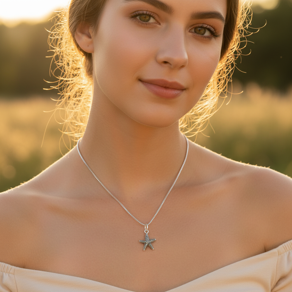 Sterling Silver Womens Dainty Nautical Starfish Charm Necklace