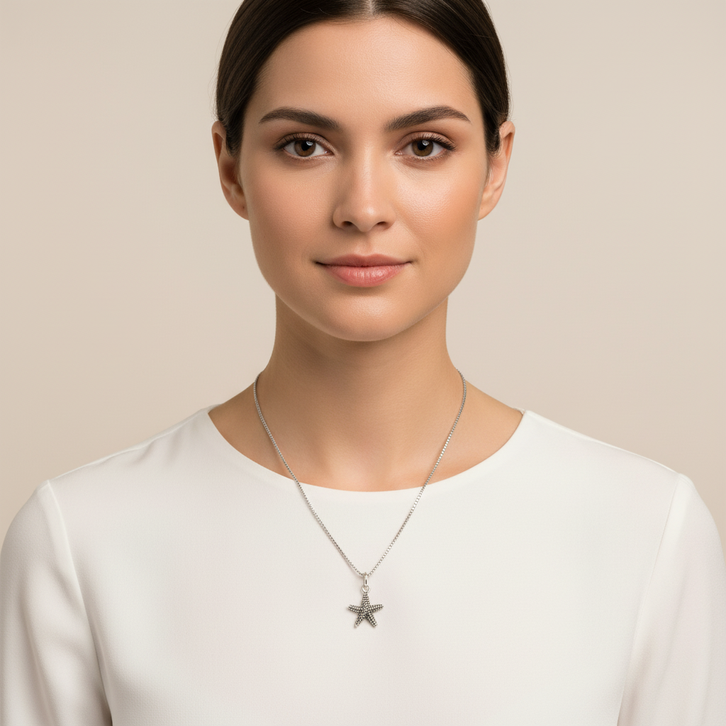 Sterling Silver Womens Dainty Nautical Starfish Charm Necklace