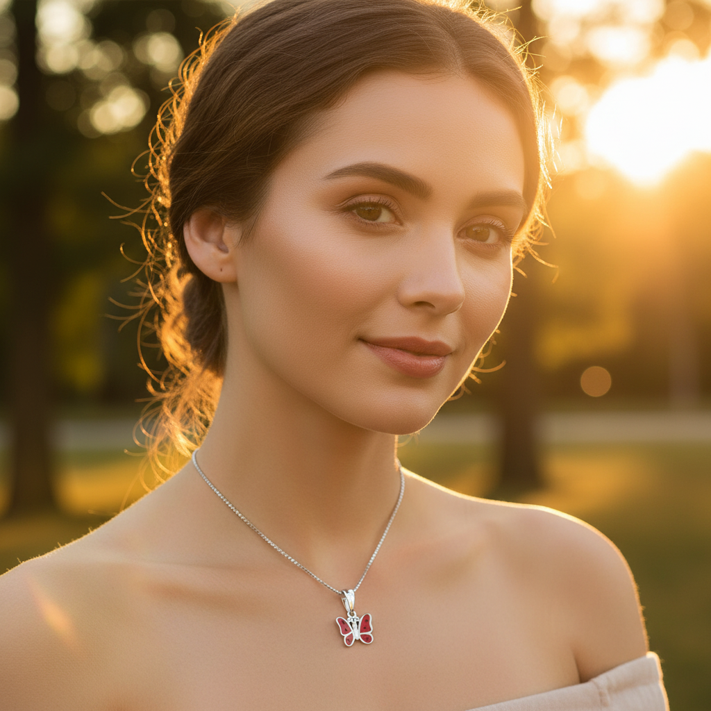 Sterling Silver Sterling Silver Red Butterfly Necklace | — detail view