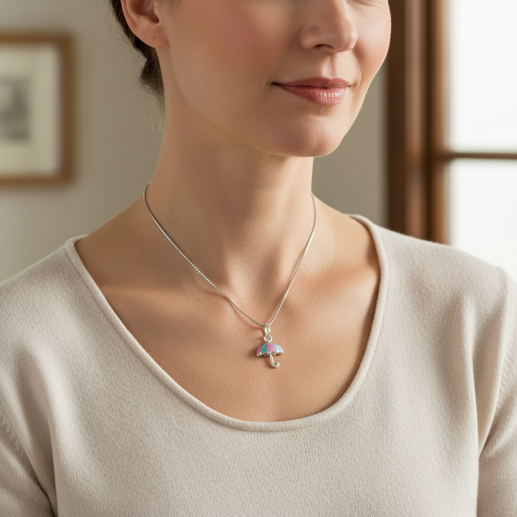 Sterling Silver Pink & Blue Umbrella Necklace | SilverCloseOut