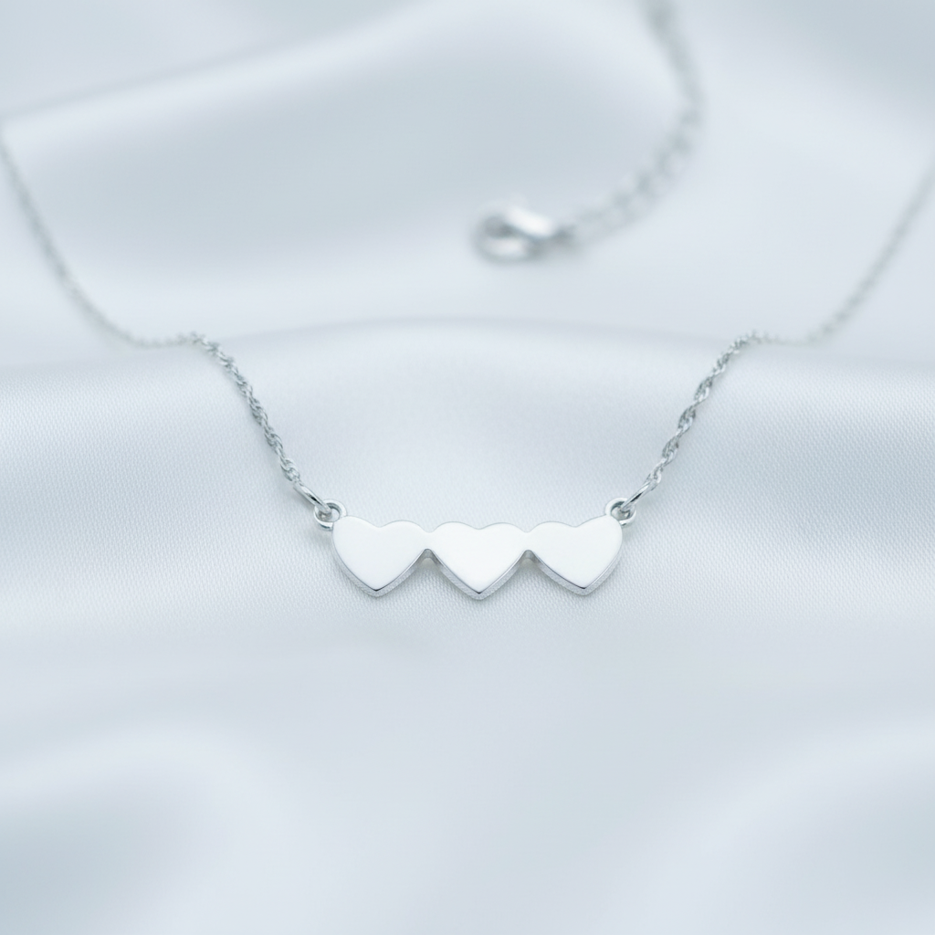 Sterling Silver Triple Heart Necklace for Women Girls Silver Love Heart
