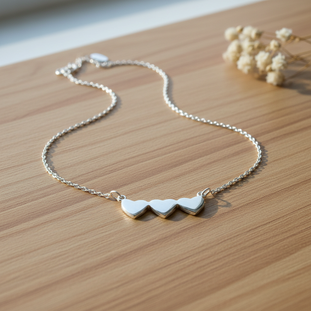 Sterling Silver Triple Heart Necklace for Women Girls Silver Love Heart