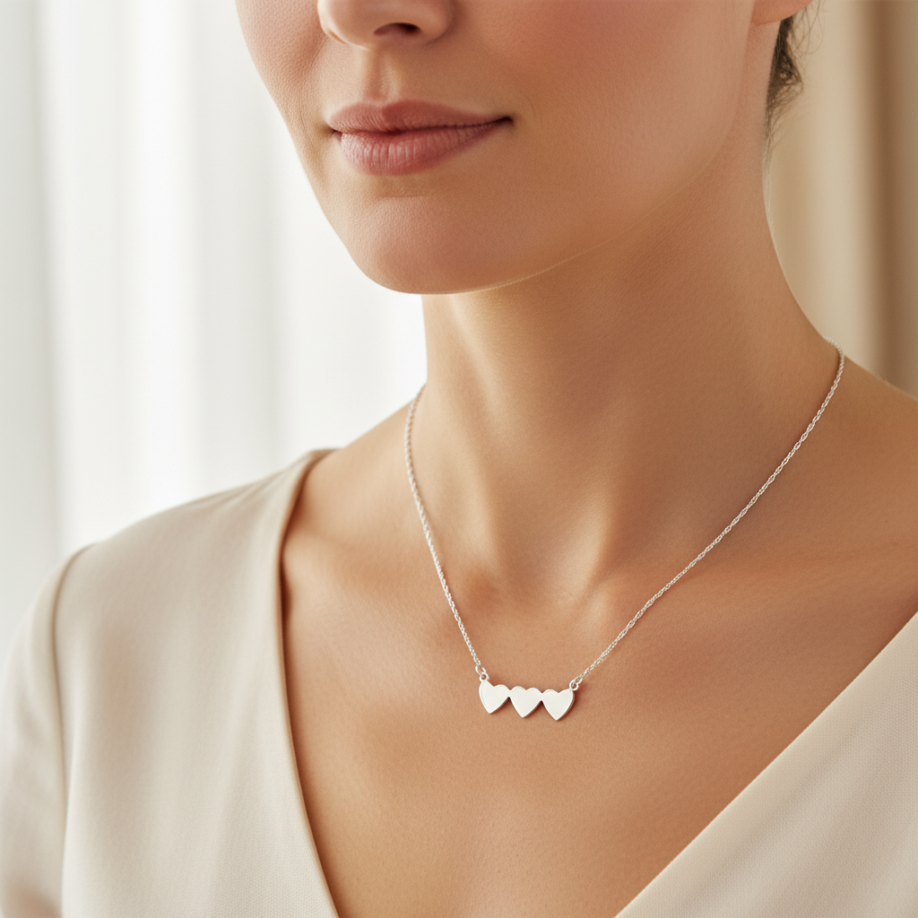 Sterling Silver Triple Heart Necklace for Women Girls Silver Love Heart