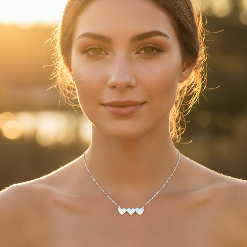 Sterling Silver Triple Heart Necklace for Women Girls Silver Love Heart