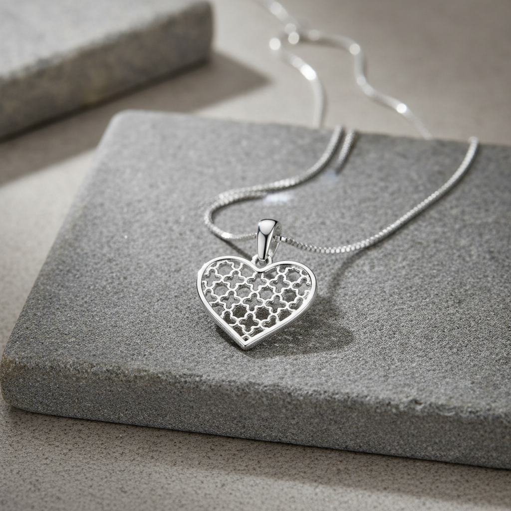 Sterling Silver Clover Pattern Heart Necklace for Women Girls Silver Love Heart