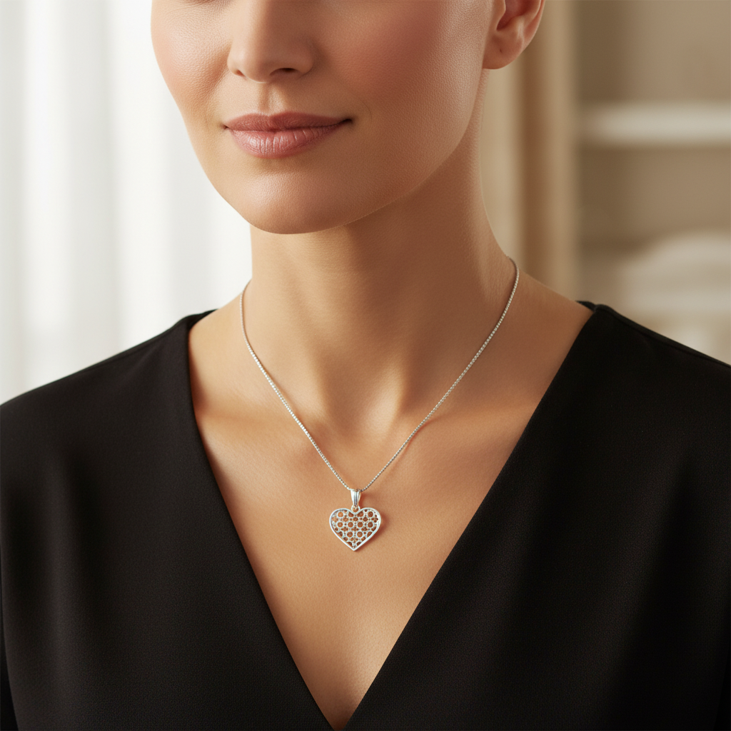Sterling Silver Clover Pattern Heart Necklace for Women Girls Silver Love Heart