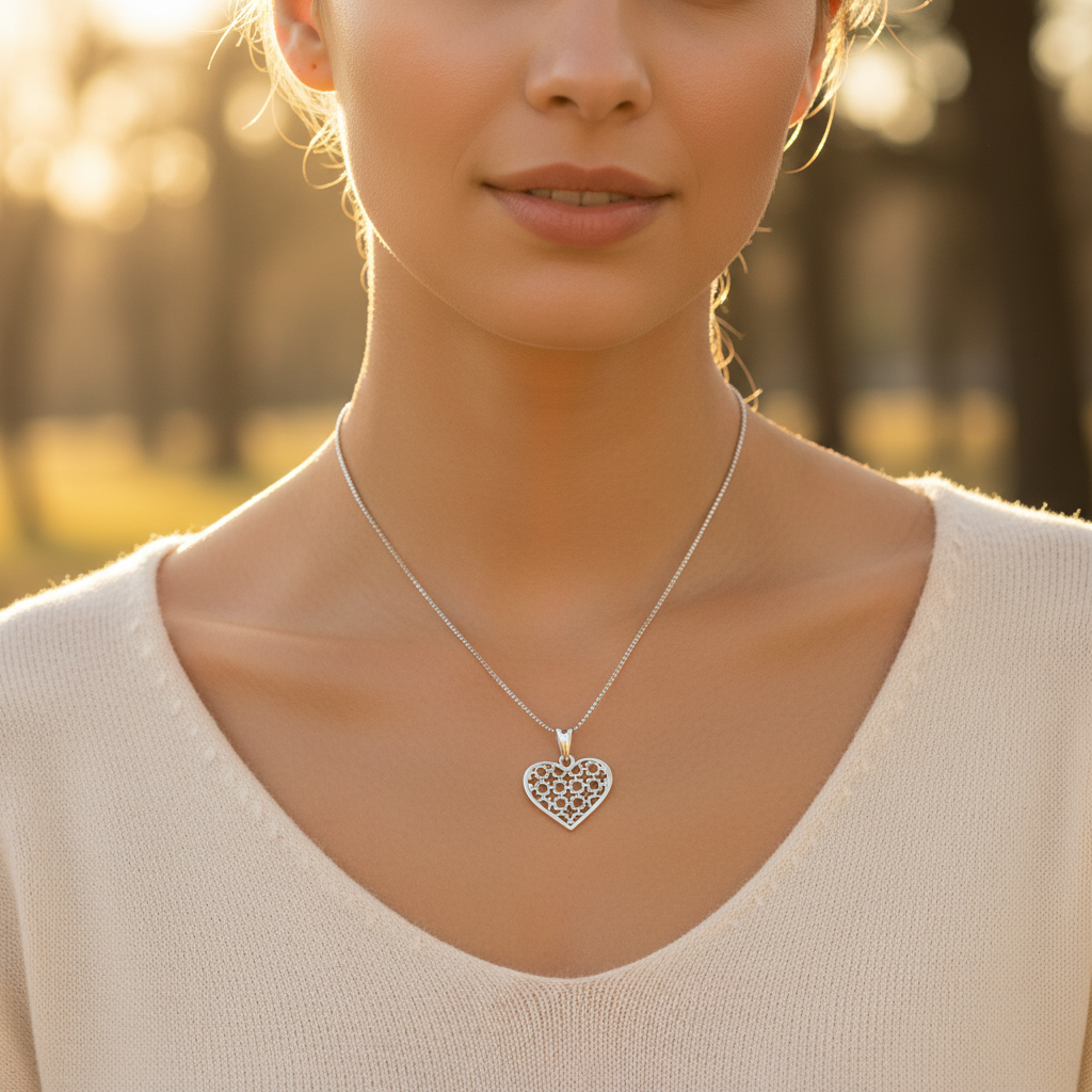 Sterling Silver Clover Pattern Heart Necklace for Women Girls Silver Love Heart