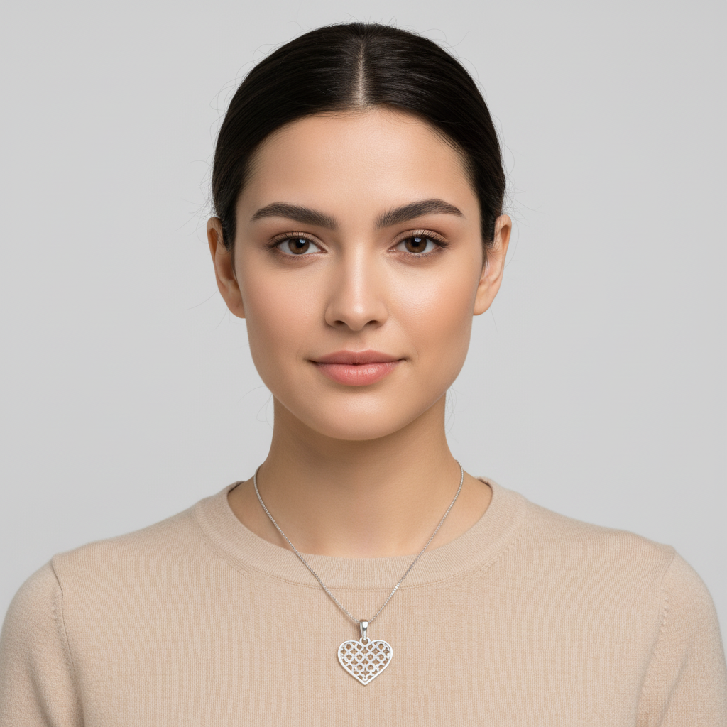 Sterling Silver Clover Pattern Heart Necklace for Women Girls Silver Love Heart