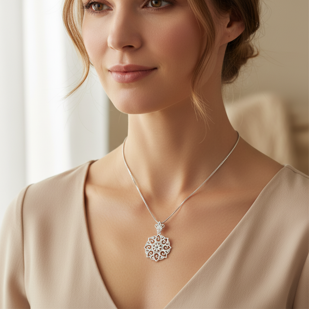 Sterling Silver Necklace for Women Girls Silver Filigree Bali Flower Jewelry