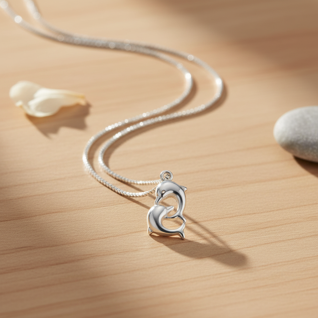 Sterling Silver Necklace Silver Girls Small Kissing Dolphins Charm Necklace