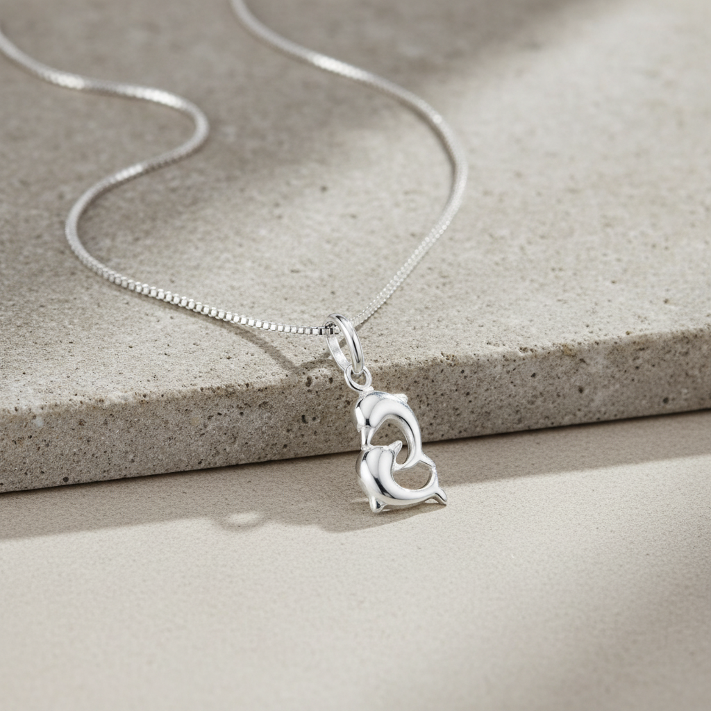 Sterling Silver Necklace Silver Girls Small Kissing Dolphins Charm Necklace
