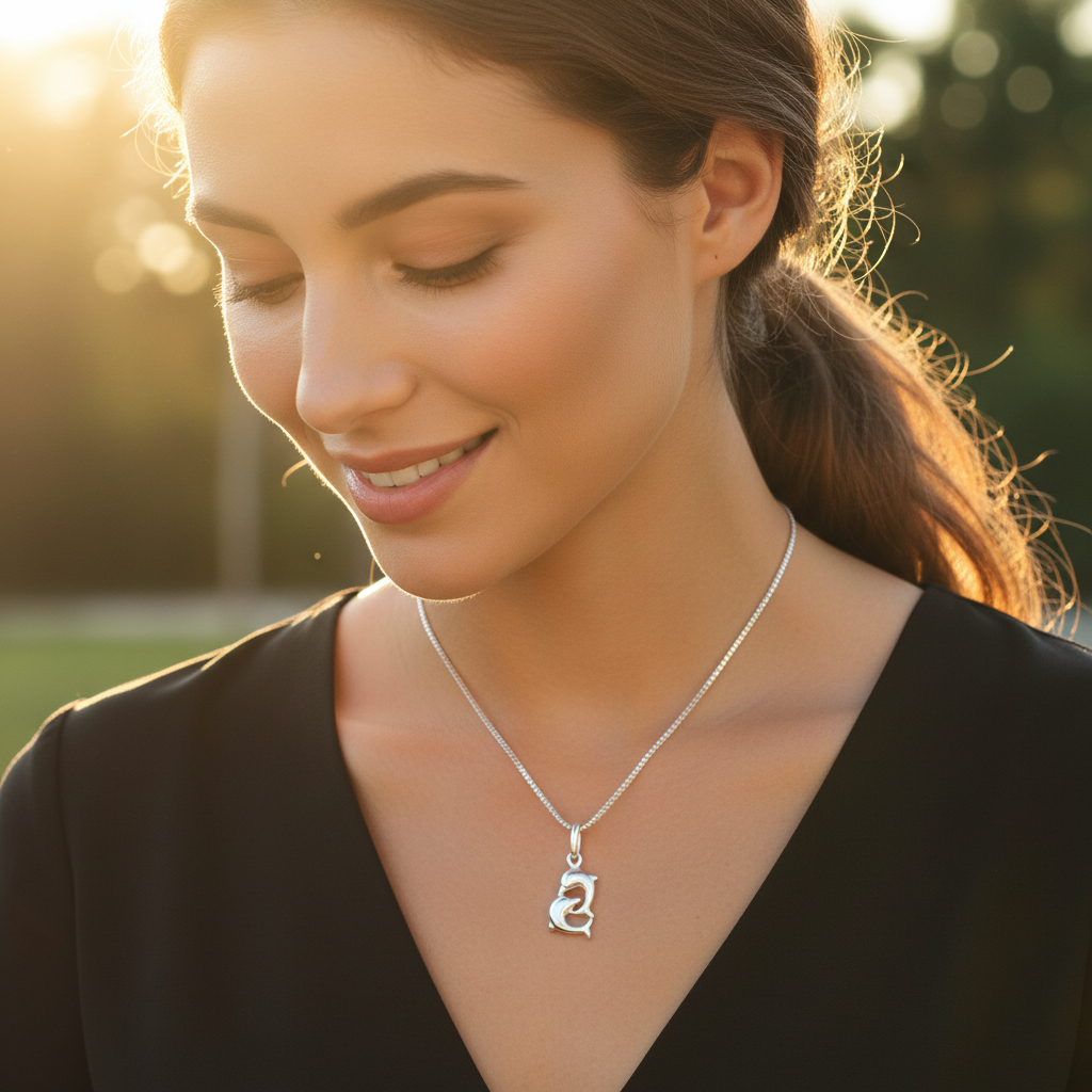 Sterling Silver Necklace Silver Girls Small Kissing Dolphins Charm Necklace