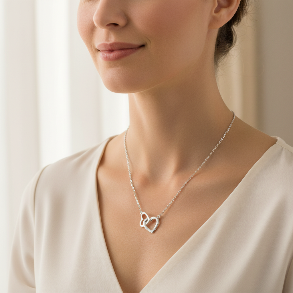 Sterling Silver Women's Double Heart Link Necklace, 18" | SilverCloseOut