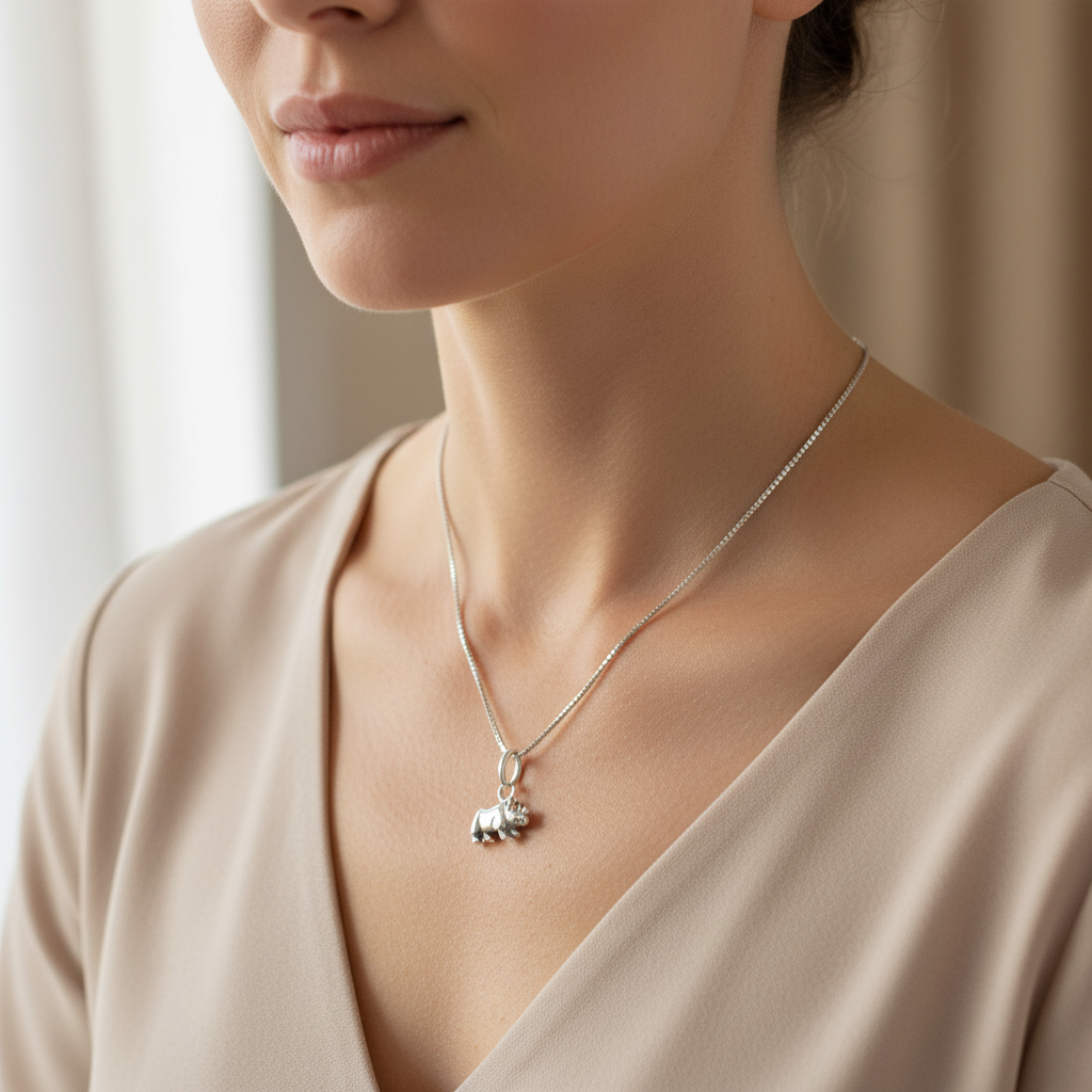 Sterling Silver Women's Rhino Necklace Silver Girls Rhinoceros Charm Necklace