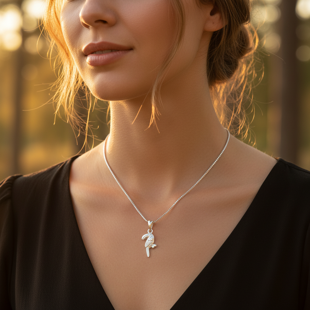 Sterling Silver Women's Toucan Necklace Silver Girls Toucan Bird Charm Necklace