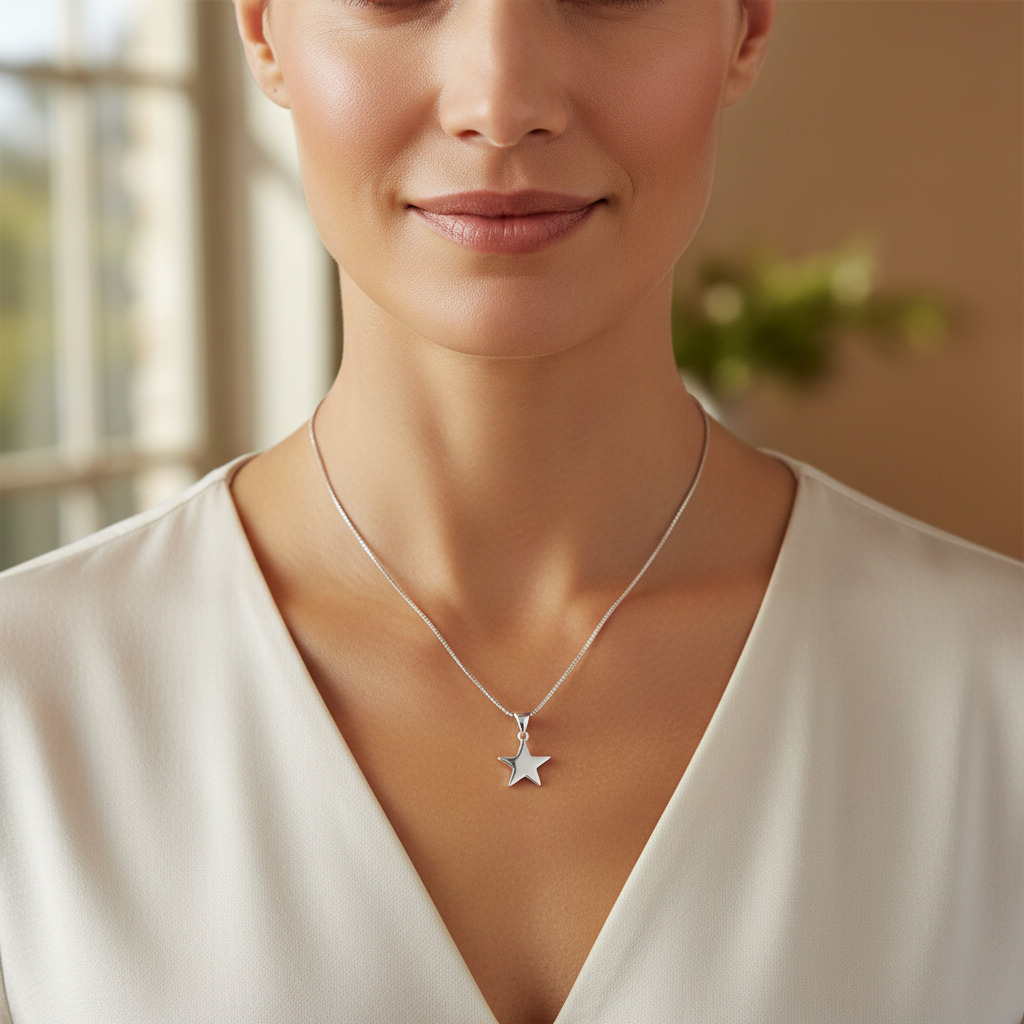 Sterling Silver Women's Rock Star Necklace Silver Girls Star Charm Necklace