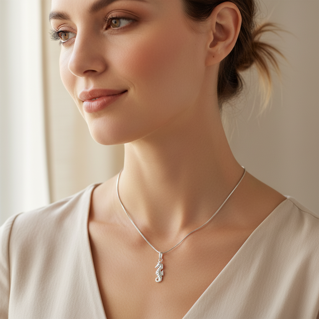 Sterling Silver Women's Small Tropical SeaHorse Ocean Charm Necklace