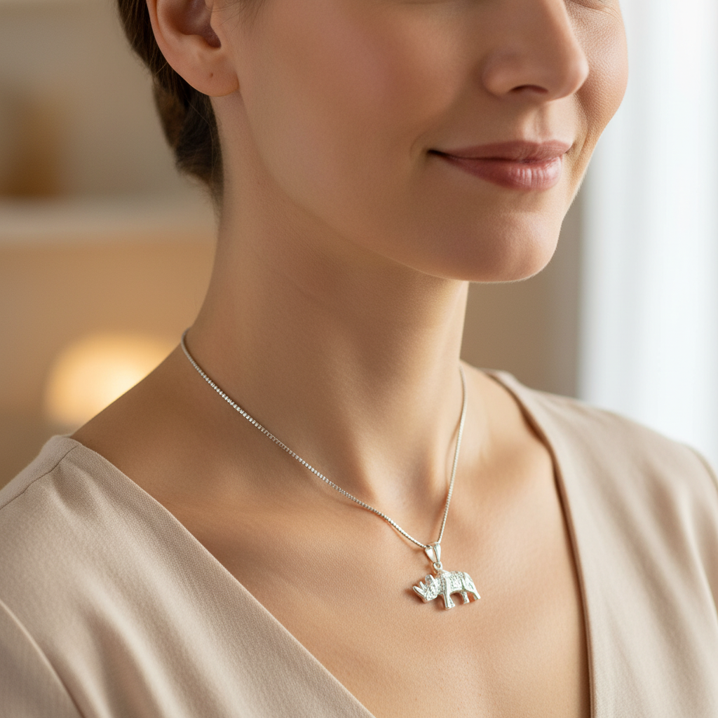 Sterling Silver Women's Rhino Necklace Silver Girls Rhinoceros Charm Necklace