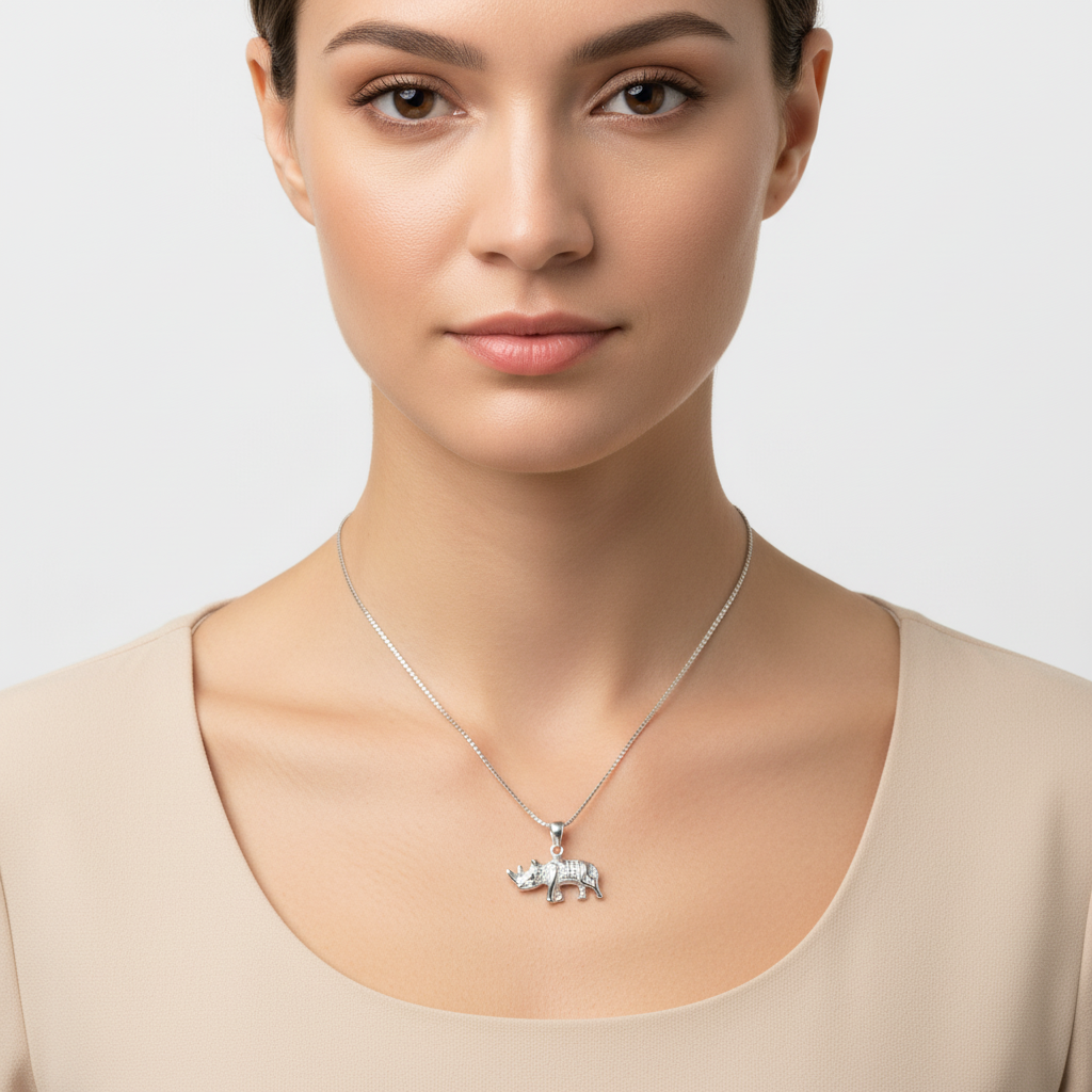 Sterling Silver Women's Rhino Necklace Silver Girls Rhinoceros Charm Necklace