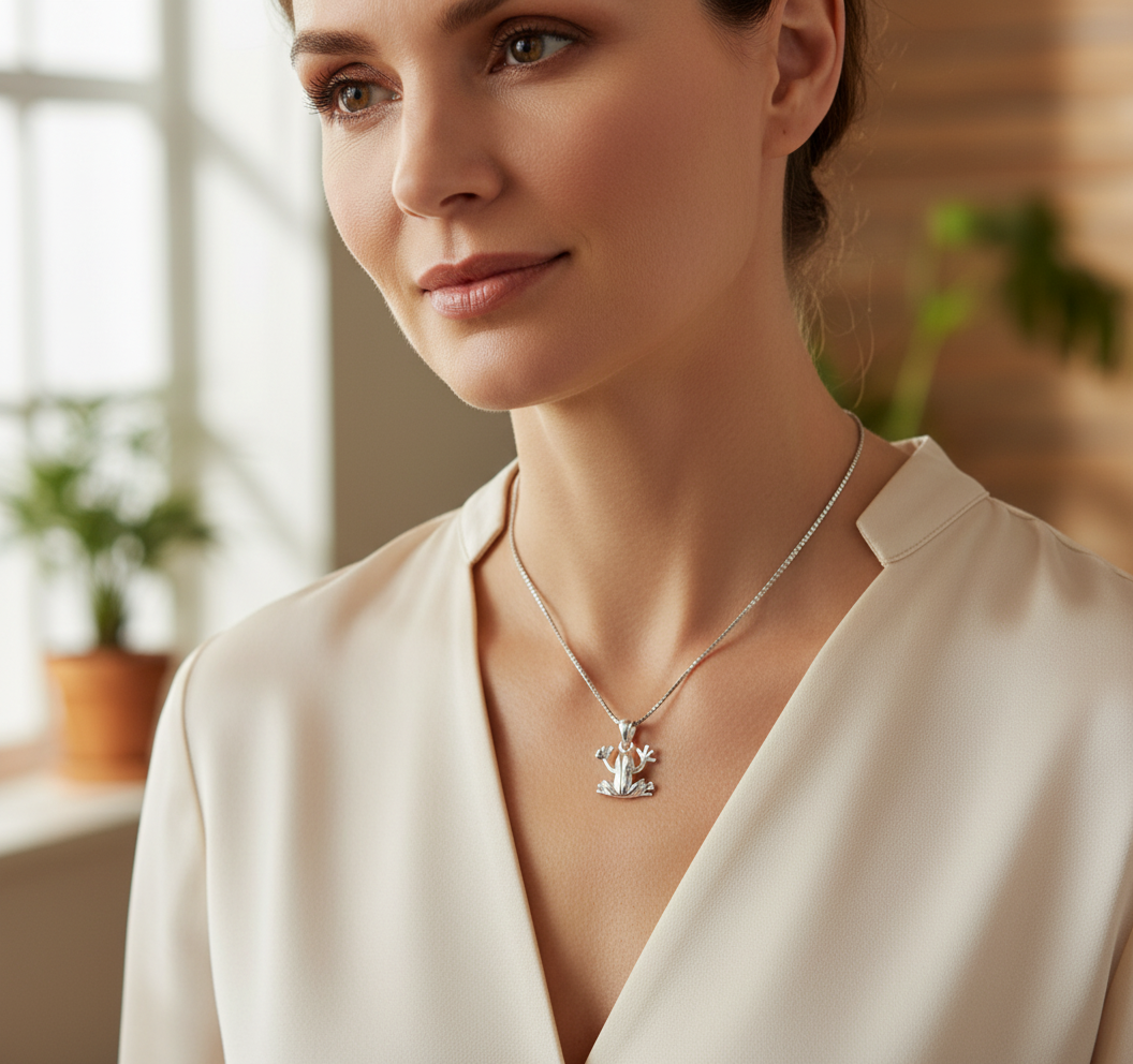 Sterling Silver Women's Tree Frog Necklace Silver Girls Frog Charm Necklace
