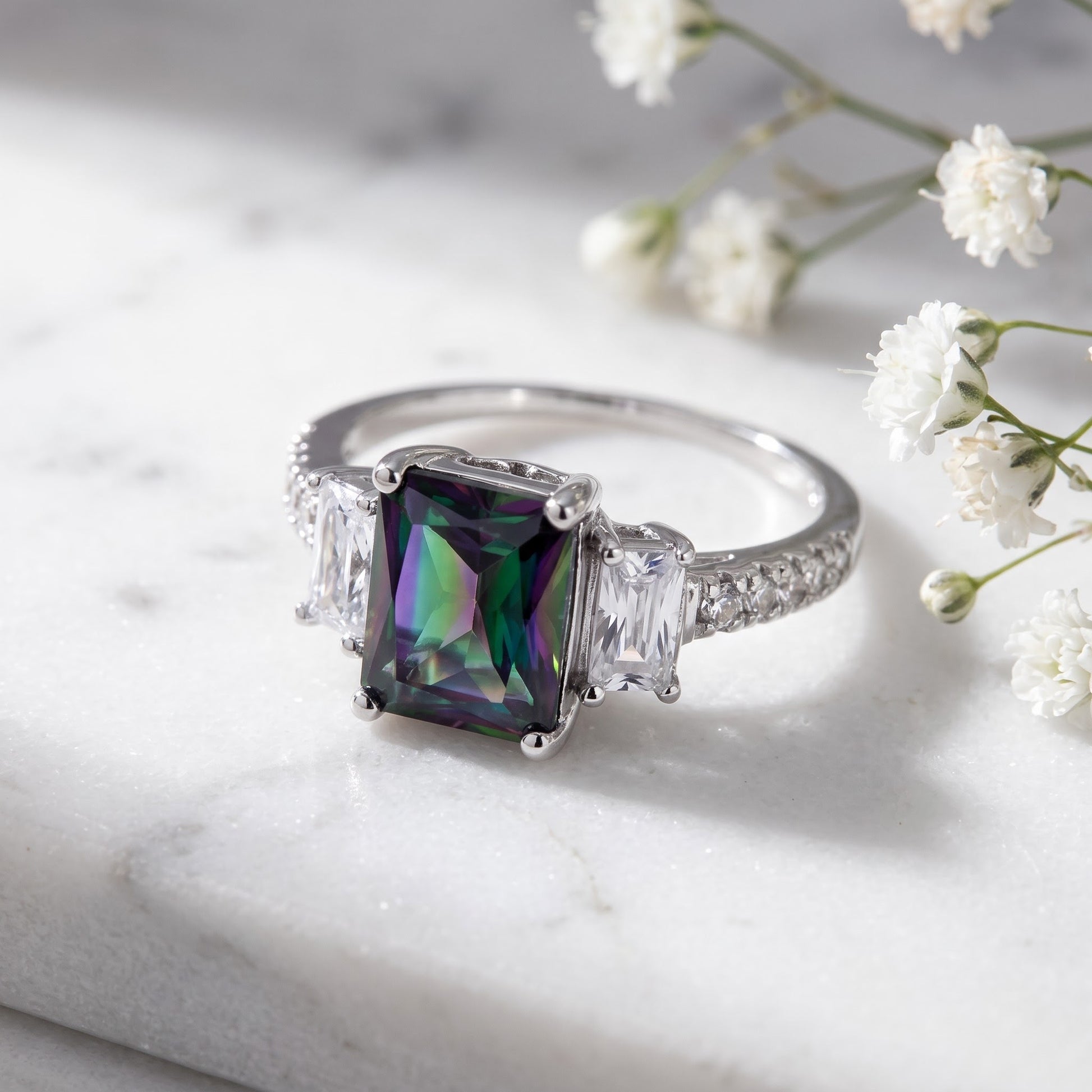 Sterling Silver Rectangular Rainbow Topaz CZ Ring for Women, Cubic Zirconia, Promise Ring Gift view 1