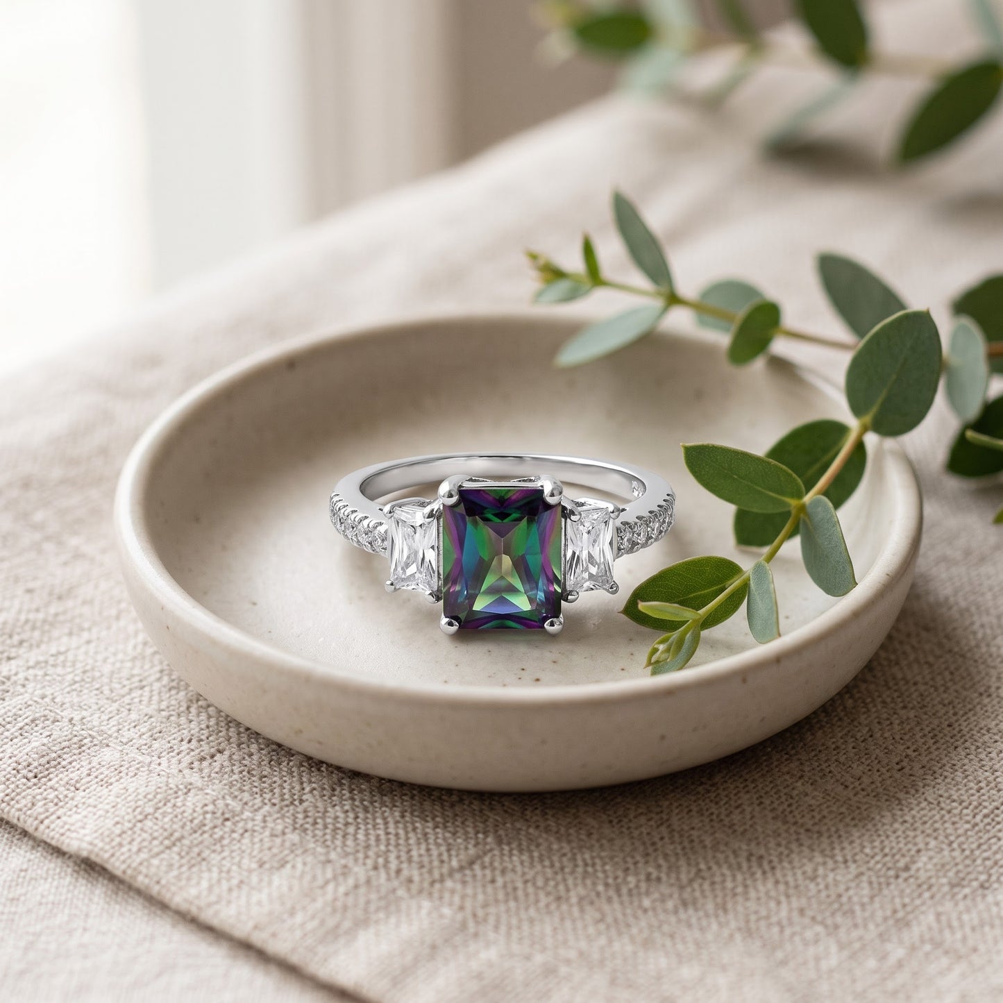 Sterling Silver Rectangular Rainbow Topaz CZ Ring for Women, Cubic Zirconia, Promise Ring Gift view 2