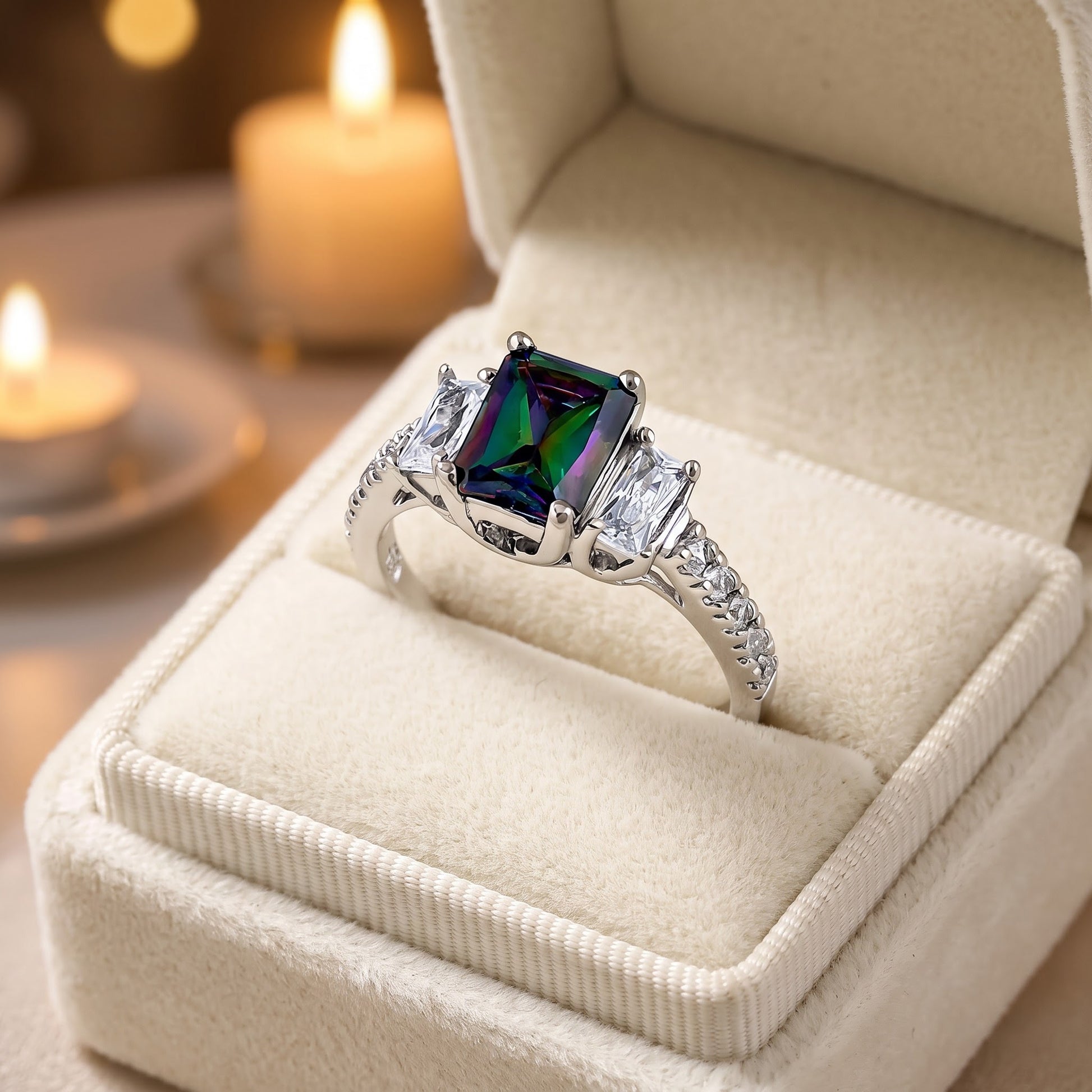 Sterling Silver Rectangular Rainbow Topaz CZ Ring for Women, Cubic Zirconia, Promise Ring Gift view 3
