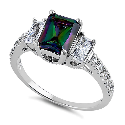Sterling Silver Rectangular Rainbow Topaz CZ Ring for Women, Cubic Zirconia, Promise Ring Gift