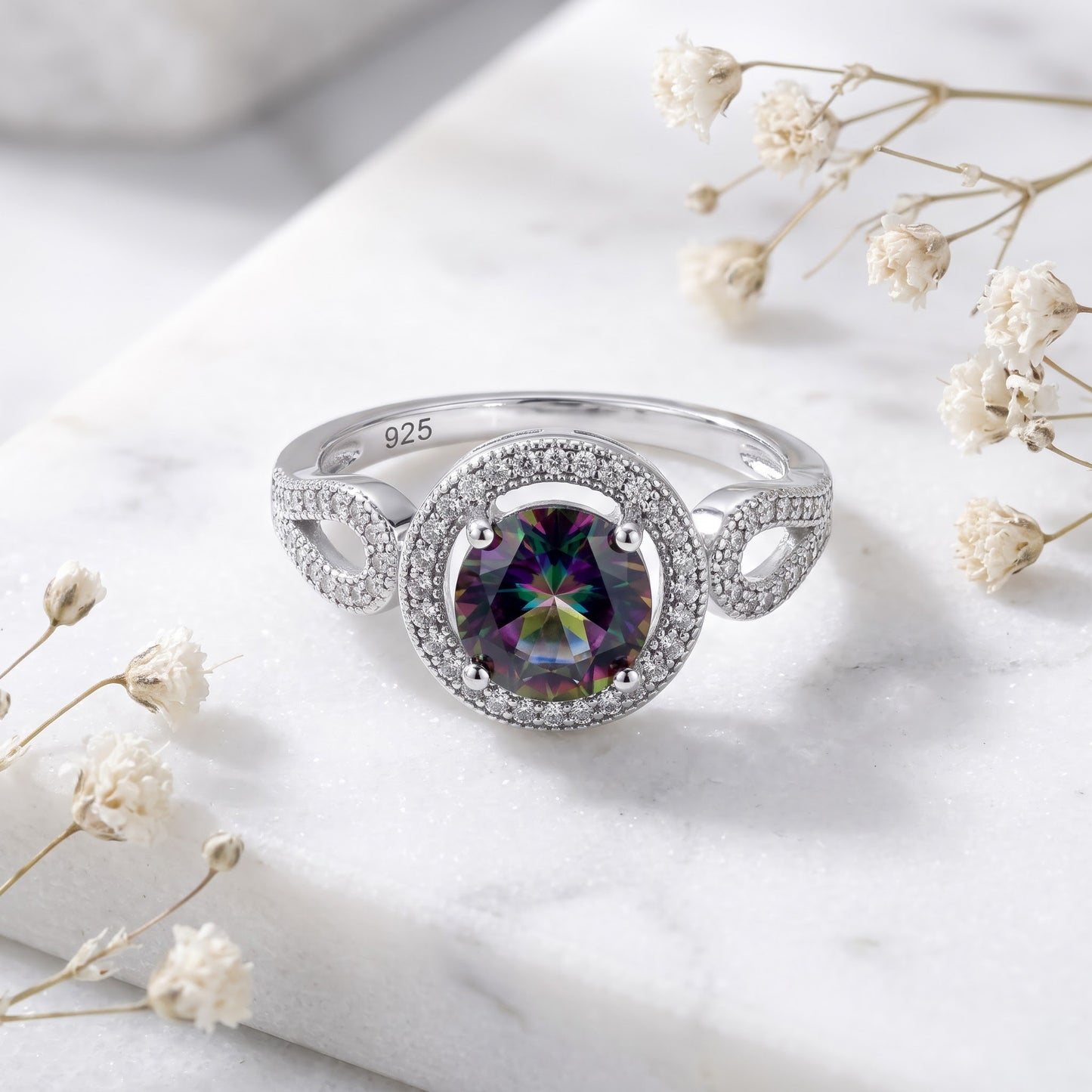 Sterling Silver Rainbow Topaz CZ Halo Infinity Band Ring for Women, Cubic Zirconia, Promise Ring Gift view 1