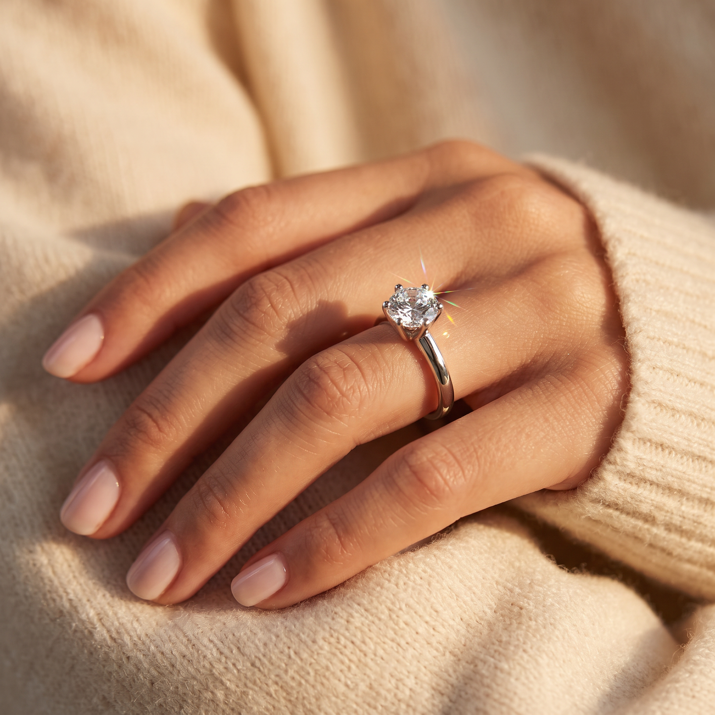 Sterling Silver Solitaire CZ Engagement Ring worn on a woman's hand in warm window light