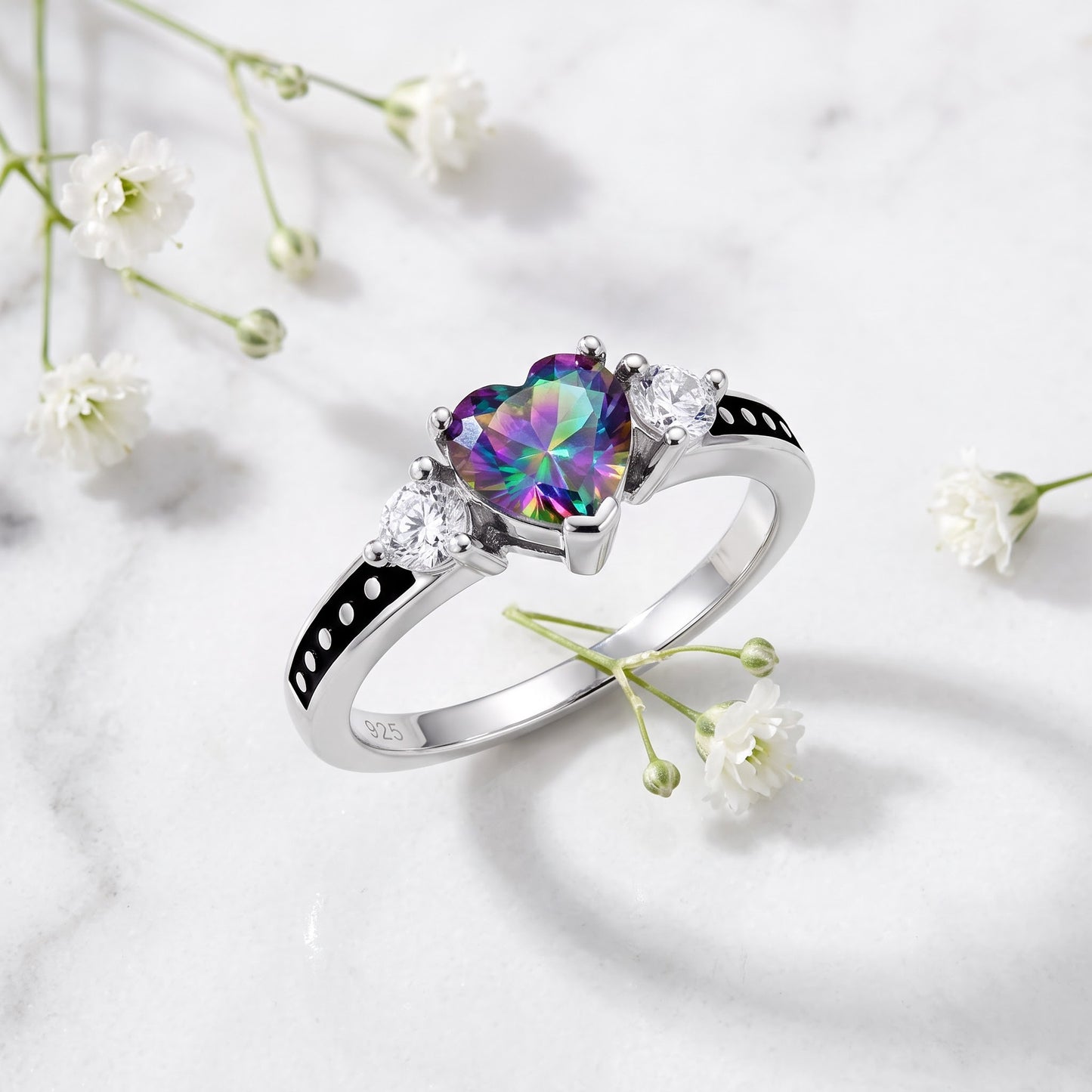 Sterling Silver Heart Rainbow Topaz CZ Ring for Women, Heart Cubic Zirconia, Promise Ring Gift view 1