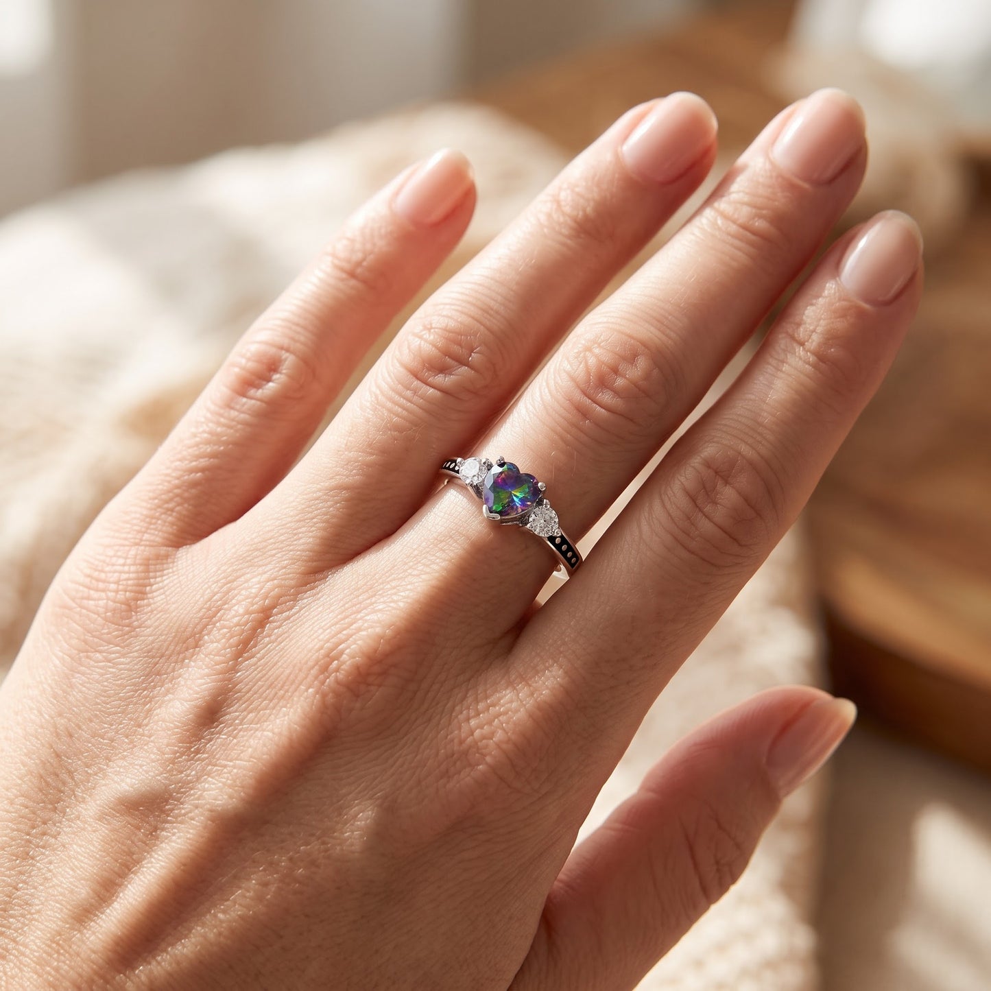 Sterling Silver Heart Rainbow Topaz CZ Ring for Women, Heart Cubic Zirconia, Promise Ring Gift view 5