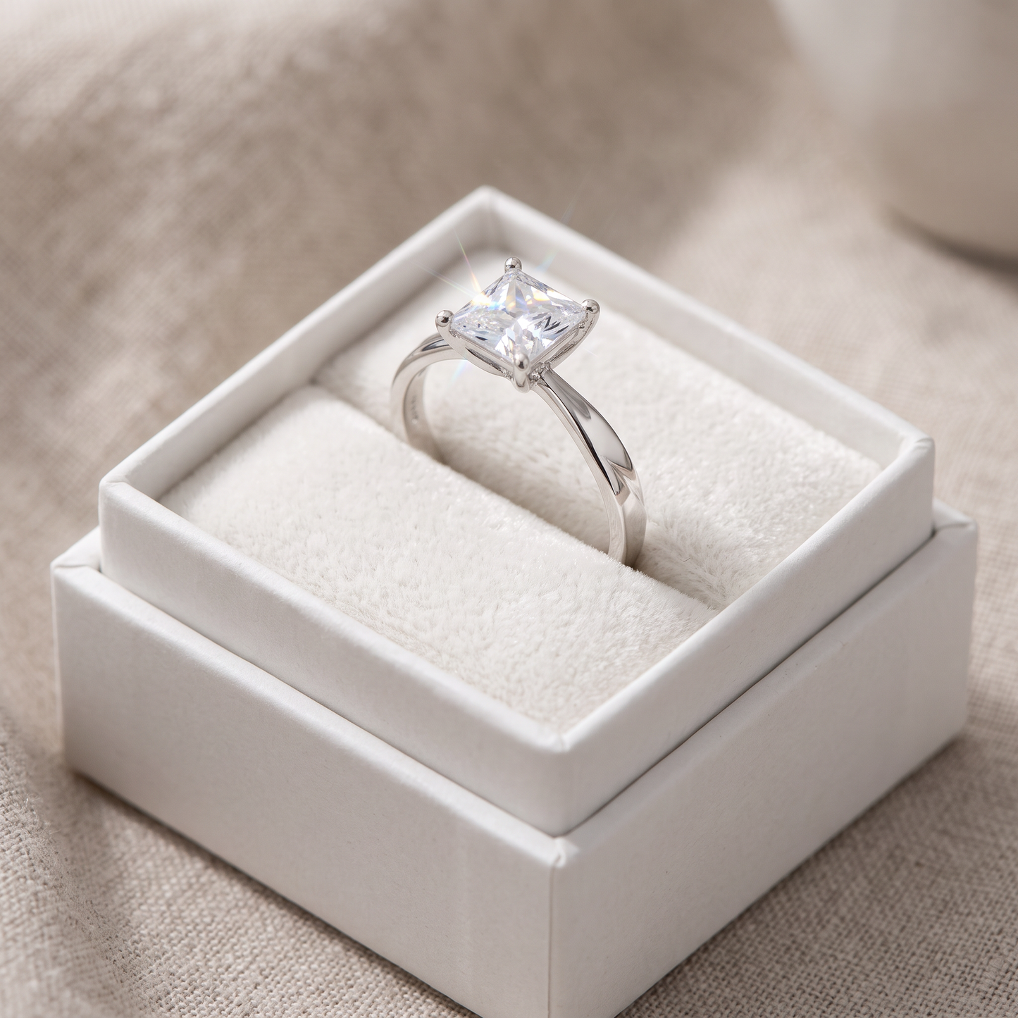 Sterling Silver Solitaire Princess Cut CZ Ring in a white gift box, solitaire princess cut cz gift for her